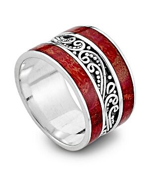 Silver Treasures by Samuel B. Coral Inlay Sterling Silver Scrollwork Design Ring