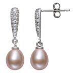 Pink Cultured Freshwater Pearl & Lab Created Sapphire Rhodium Over Sterling Silver Earrings
